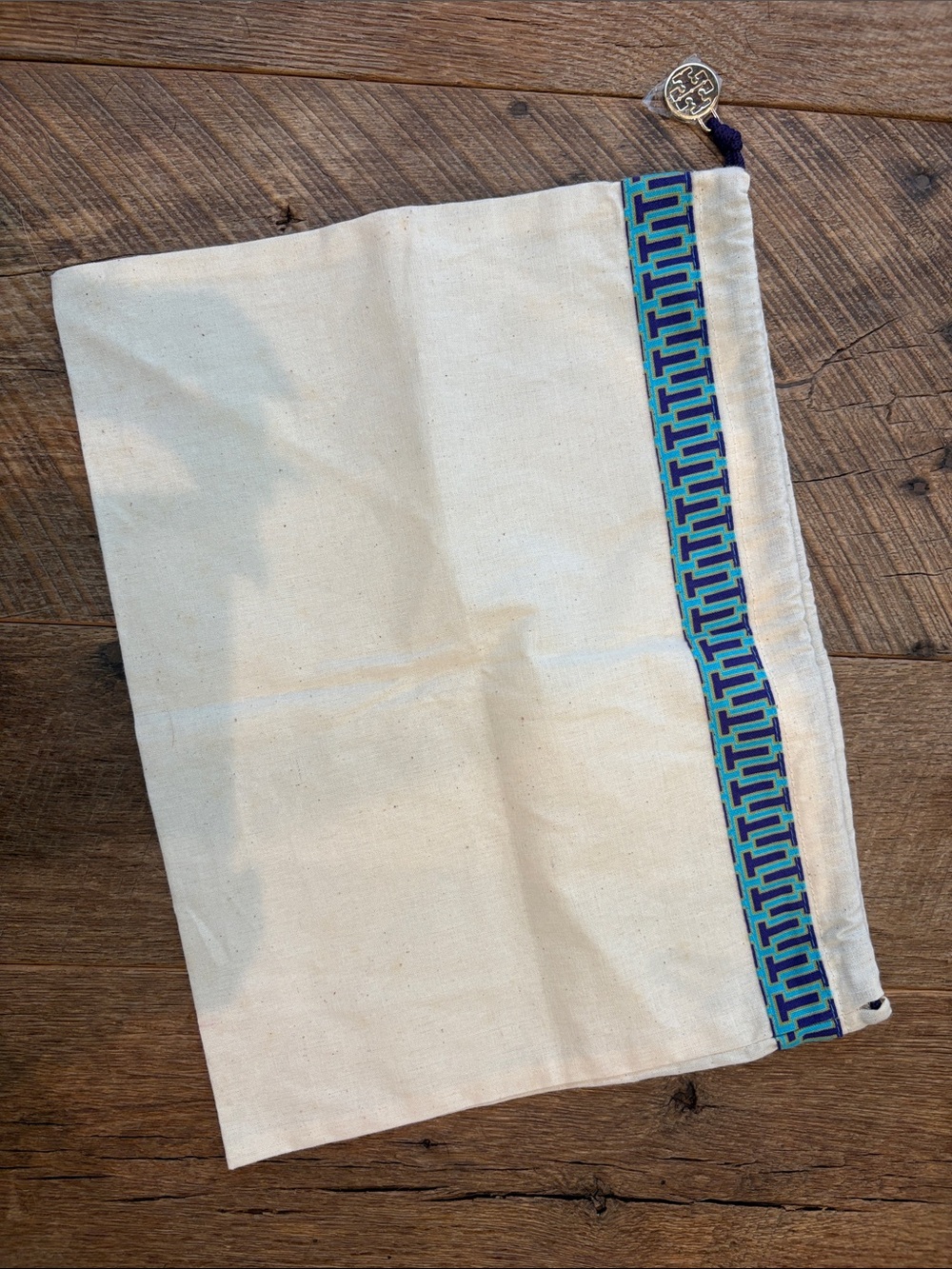 Tory Burch Canvas Drawstring Pouch with Blue Geometric Trim